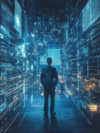 The cybersecurity expert stands surrounded by luminous encrypted codes and protective firewalls in a vibrant digital environment.の素材