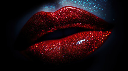 Lips glisten with a vivid, shiny finish, drawing attention with their captivating glossiness and artistic flair in this close-up.の素材