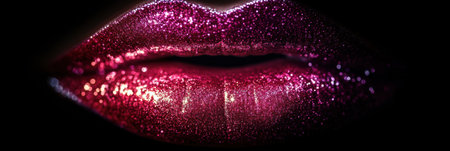 Close-up captures glossy lips showing a vibrant, shiny finish, reflecting light beautifully in a dark, dramatic backdrop.の素材
