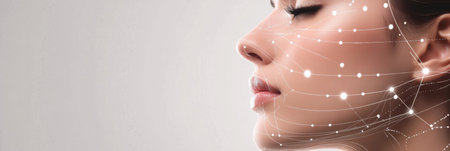 Abstract lines and dots create illustrations of skincare techniques, emphasizing beauty and treatment diagrams in a clean, modern style.の素材