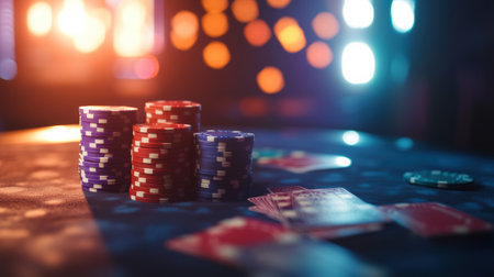 Stacks of vibrant poker chips are arranged on a casino table, surrounded by playing cards, creating an atmosphere of excitement.の素材
