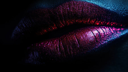 Glossy lips shine brightly in the light, showcasing a rich, vibrant hue that highlights their smooth texture and allure.の素材