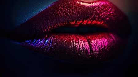Glossy lips shine brightly with a vivid, reflective finish, showing a stunning beauty look highlighted in dim lighting.の素材