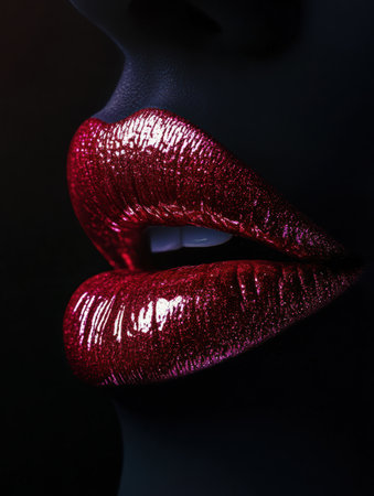 Glossy lips shine with a vibrant, reflective hue, highlighting their smooth texture in stark contrast to the dark backdrop.の素材
