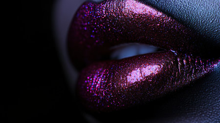 Glossy lips shimmer with a vibrant, shiny finish, capturing attention in a dark environment, creating an alluring effect.の素材