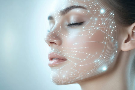 Blending artistry with science, the visuals represent skincare techniques using glowing lines and dots on a calm model's face.の素材