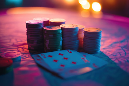 Poker chips in various colors are stacked on a casino table, inviting players to engage in the thrilling card game under bright lights.の素材