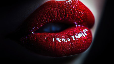 Glossy lips shimmer with a vibrant finish, showing a bold beauty look perfect for evening outings or special occasions.の素材