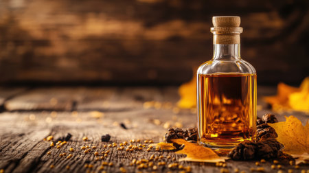 The whiskey bottle sits prominently on a rustic wooden surface, accompanied by scattered autumn leaves and fragrant spices.の素材
