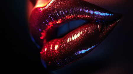 Glossy lips display a stunning shimmer, reflecting light beautifully in an artistic close-up capturing their vibrant color and texture.の素材