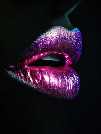 Glossy lips shine with a vibrant finish, reflecting colorful light and enhancing their allure in a striking close-up view.の素材