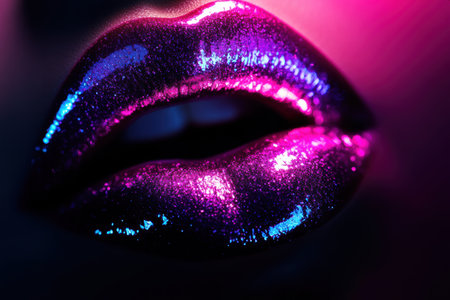 Glossy lips capture attention with their vivid shine and reflect light in colorful hues, creating an eye-catching effect.の素材