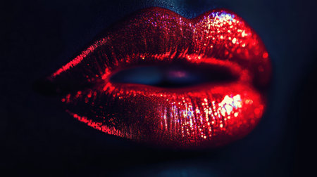 Glossy, vibrant lips shine brightly in dark surroundings, capturing attention with their rich, reflective finish during an upscale gathering.の素材