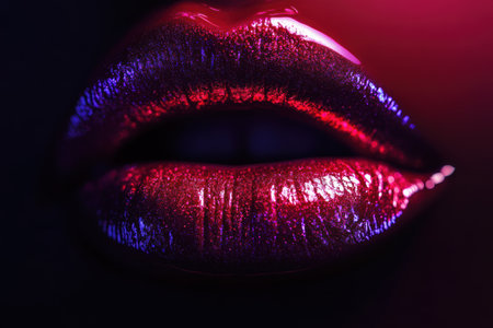 Glossy lips glisten with a vibrant finish, reflecting light beautifully in a close-up shot, enhancing their allure against a dark backdrop.の素材