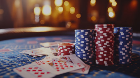 Colorful stacks of poker chips are placed on a casino table alongside playing cards, creating an exciting gaming atmosphere during the night.の素材
