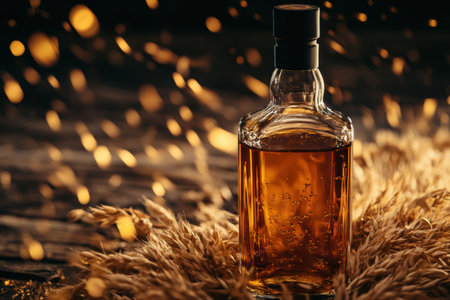 A whiskey bottle stands elegantly among decorative wheat, illuminated by soft sparkling lights, creating a warm and inviting atmosphere.の素材