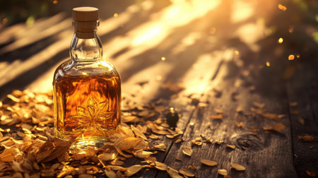 Golden whiskey fills the bottle, resting atop scattered autumn leaves, illuminated by the warm afternoon sunlight filtering through trees.の素材