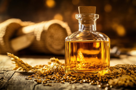 A whiskey bottle is elegantly showcased on a rustic wooden table, accompanied by grains, with warm, ambient lighting enhancing the setting.の素材