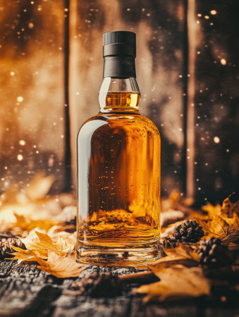 The rich amber liquid in the bottle catches the light, set against a backdrop of colorful autumn leaves and pine cones on wood.の素材