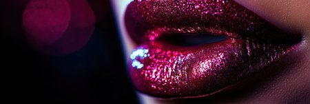 Glossy lips reflect light beautifully, exhibiting a rich, vibrant shine that captures attention in a glamorous evening atmosphere.の素材