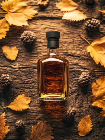 The whiskey bottle is nestled among vibrant autumn leaves and pine cones, set against a weathered wooden backdrop.の素材
