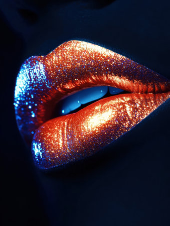 Glossy lips gleam with a vibrant finish, reflecting light against a dark backdrop, enhancing their stunning color and texture.の素材