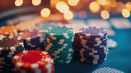 Colorful stacks of poker chips fill a casino table, creating a lively atmosphere for players engaged in a thrilling game.の素材