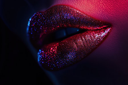 Glossy lips shine with a vibrant finish, reflecting light and highlighting the intricate details of lip artistry in a dramatic nighttime setting.の素材