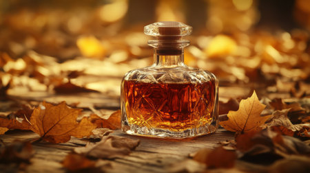 The whiskey bottle stands elegantly on a rustic wooden surface, surrounded by vibrant autumn leaves, bathed in soft sunlight.の素材