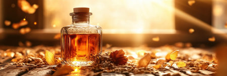 A whiskey bottle radiates a warm, amber glow surrounded by colorful autumn leaves, creating a cozy atmosphere in the evening light.の素材