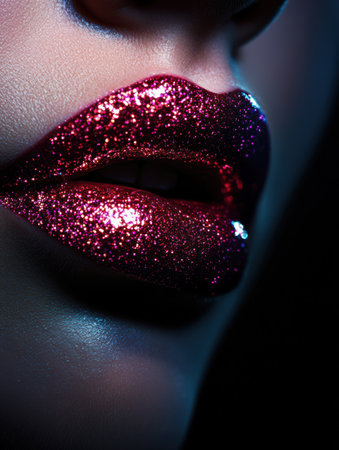 The image captures a close-up of lush, glossy lips adorned with a rich, sparkling gloss that reflects light beautifully.の素材
