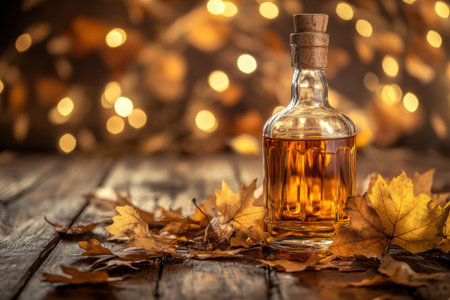 The whiskey bottle stands prominently surrounded by colorful autumn leaves, illuminated by soft, warm bokeh lights in the background.の素材