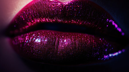 Glossy lips shine brightly with a vibrant finish, highlighting a striking makeup style against a contrasting dark background.の素材