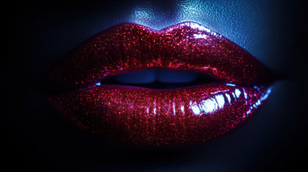 Glossy lips glisten with a vibrant shine, reflecting light beautifully in a close-up view, highlighting their rich color and texture.の素材