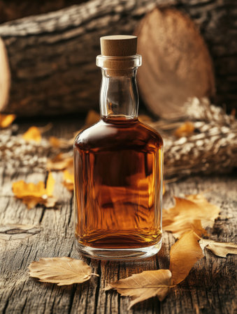 The whiskey bottle stands prominently on the wooden surface, surrounded by vibrant autumn leaves and natural logs in a cozy setting.の素材