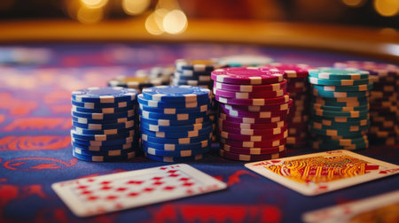 Stacks of vibrant poker chips in various colors decorate the casino table, setting the stage for an exhilarating game night.の素材