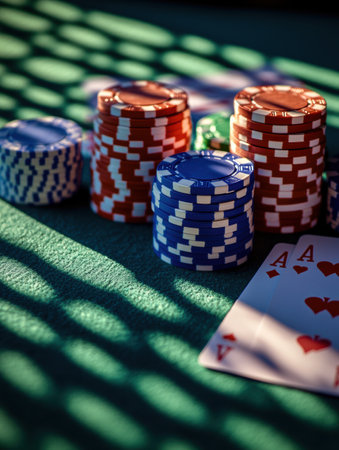 Colorful stacks of poker chips fill a casino table, with a pair of aces laid out, capturing the thrill of a night of gambling.の素材