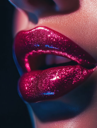 Glossy lips glimmer with a vibrant, shiny finish, highlighted by sparkling reflections in a striking, dimly lit environment.の素材