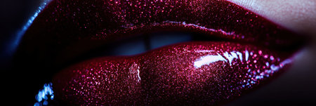 The picture highlights glossy lips with a luminous, vibrant finish, accentuated by striking lighting for a captivating effect.の素材
