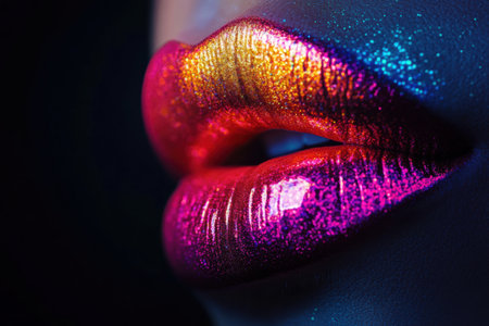 Glossy lips shine with vibrant hues in shades of pink and gold, contributing to a striking visual against a dark backdrop.の素材