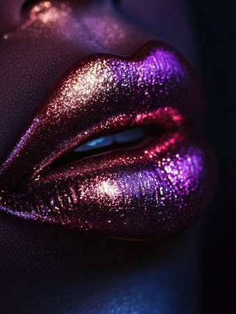 Glossy lips shine beautifully in vibrant hues, reflecting light and drawing attention in a darkened environment, creating an alluring effect.の素材