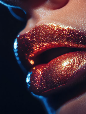 Glossy lips gleam brilliantly with a vibrant, shiny finish, reflecting artistic lighting that highlights their alluring texture.の素材