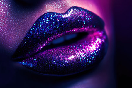 Glossy lips shine with a vibrant finish, reflecting colorful hues in an artistic display, evoking a sense of allure and creativity.の素材