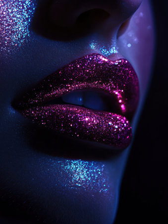 Glossy lips gleam with vibrant glitter, capturing light and creating a striking visual effect in a dark ambiance.の素材