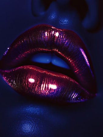 Glossy lips radiate vibrant color and shine, capturing attention with their smooth texture and eye-catching hue in a striking close-up.の素材