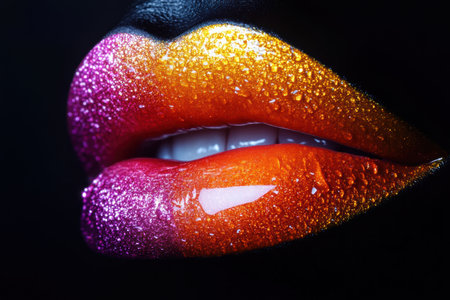 Glossy lips showcase a vibrant gradient from pink to orange, glistening with a shiny finish against a dark backdrop, highlighting their texture.の素材