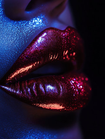 Glossy lips showcase a vibrant, shiny finish, illuminated by colorful light for an artistic and striking visual effect.の素材