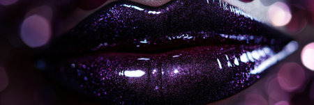 Lips adorned with a rich, glossy finish stand out warmly in evening lighting, drawing attention with their striking vibrancy and shine.の素材