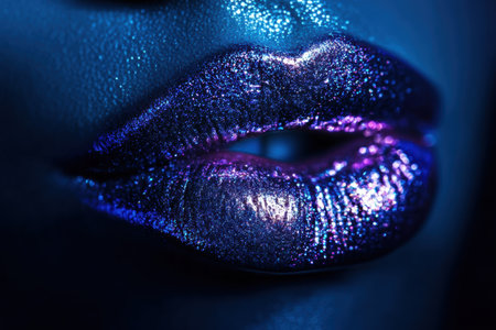 The close-up reveals luscious lips adorned with a shiny, reflective finish, capturing the essence of glamor in low light.の素材