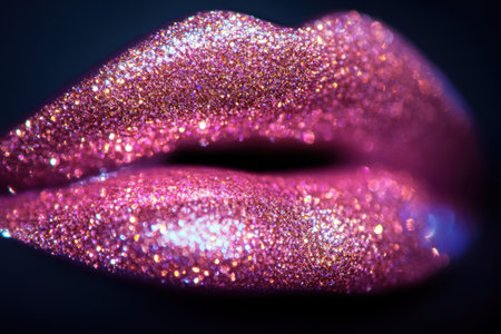 Glossy lips shine with a vibrant, sparkling finish, beautifully contrasting against a dark background to highlight their alluring texture.の素材